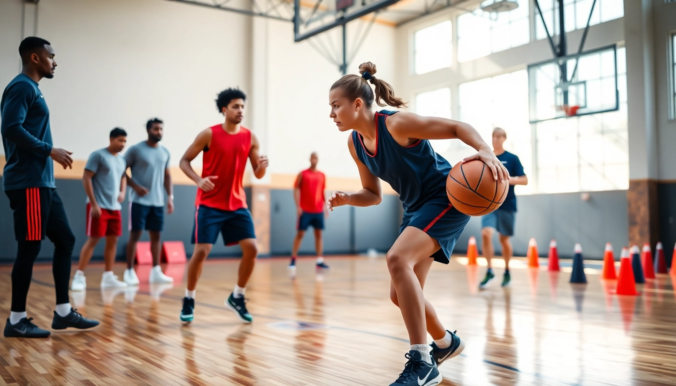Young athletes engage in basketball training programs, showcasing drills and coaching in a well-lit gym.