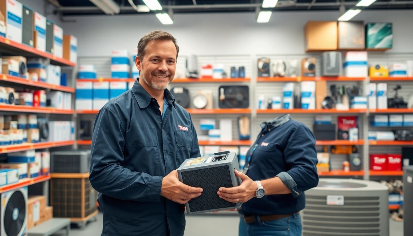 Trane parts dealer assisting customers in a well-lit showroom filled with HVAC products.