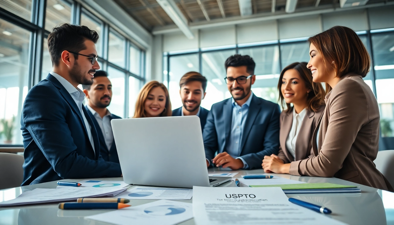 Reviewing a trademark application with a diverse team in a professional office setting.