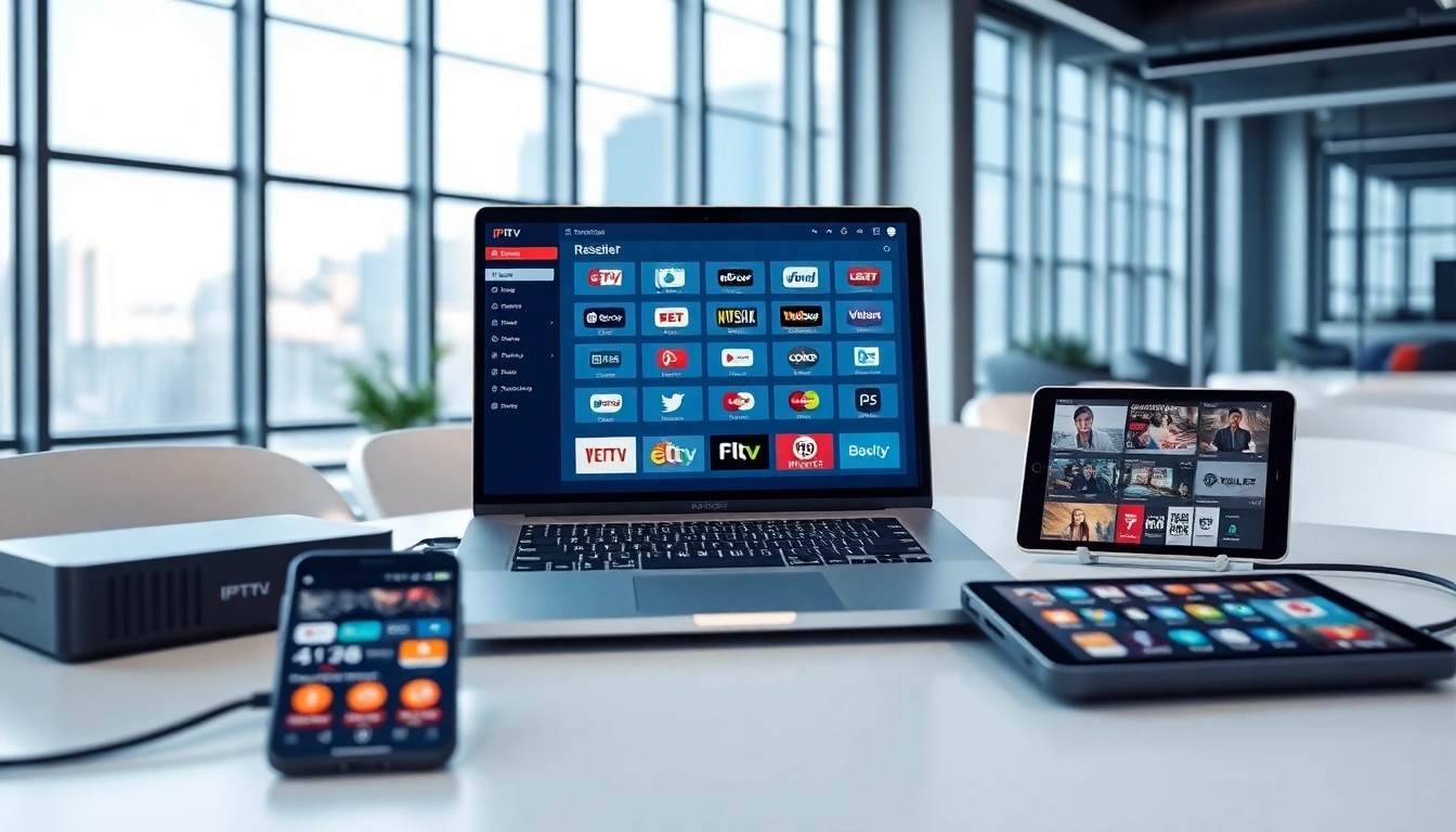 Explore the advanced IPTV Reseller Panel interface on a modern laptop setup with vibrant tech devices.
