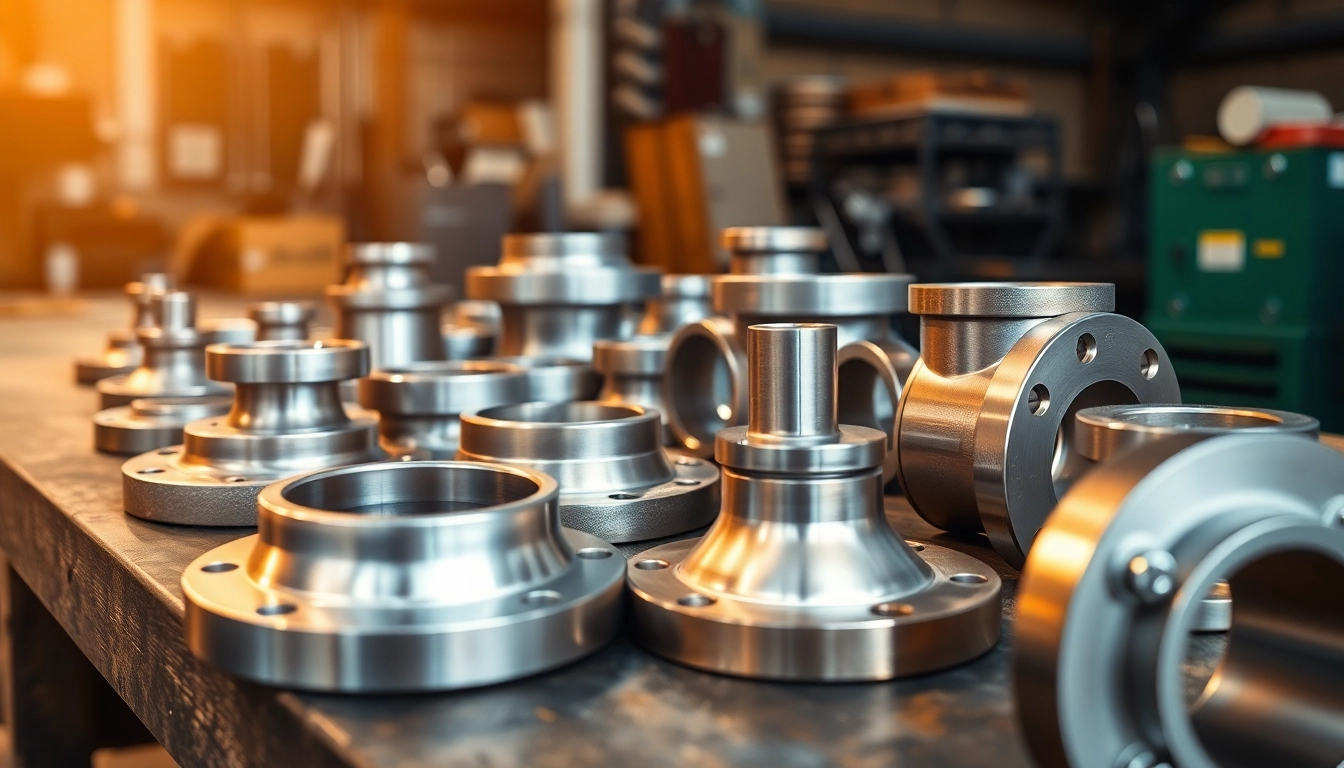 Showcase flanges on a workshop table, emphasizing unique designs and industrial quality.