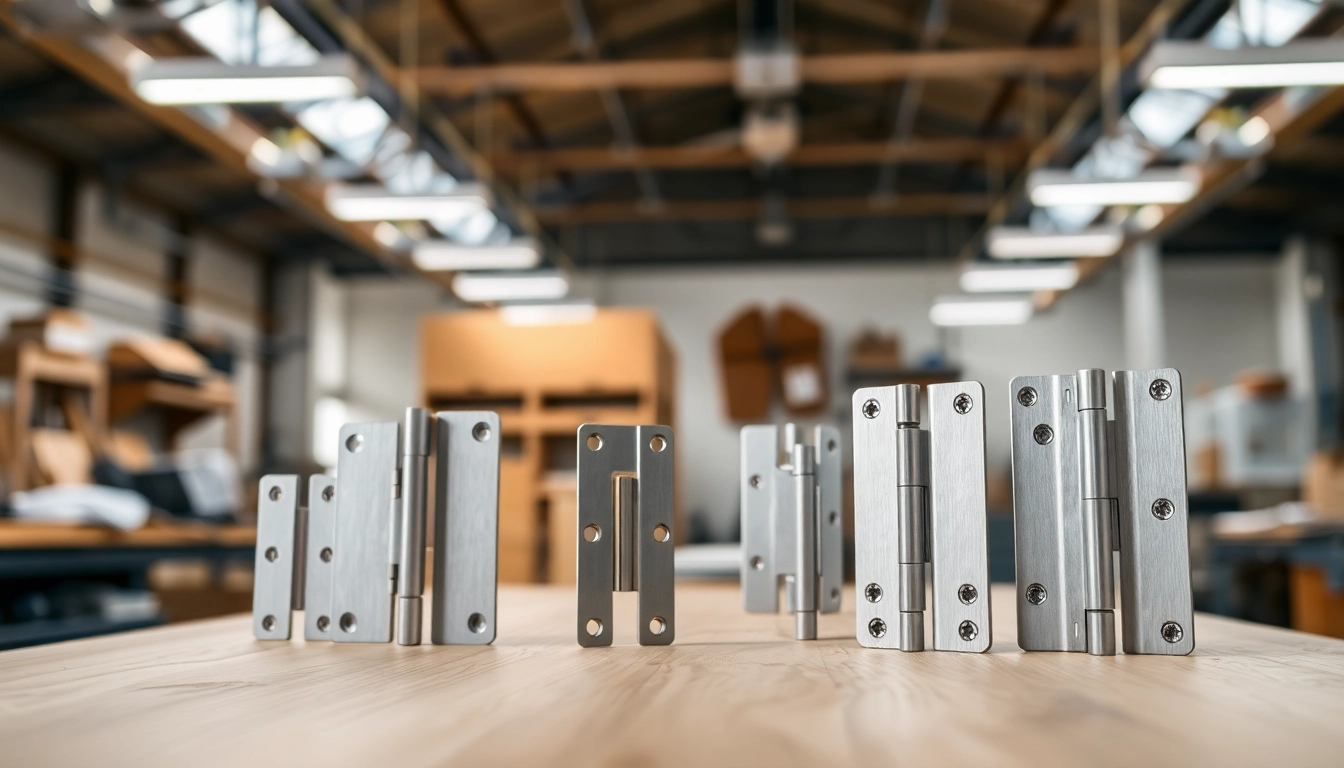 Showcase of diverse cabinet hinges by Cabinet Hinge Manufacturers on a workbench.