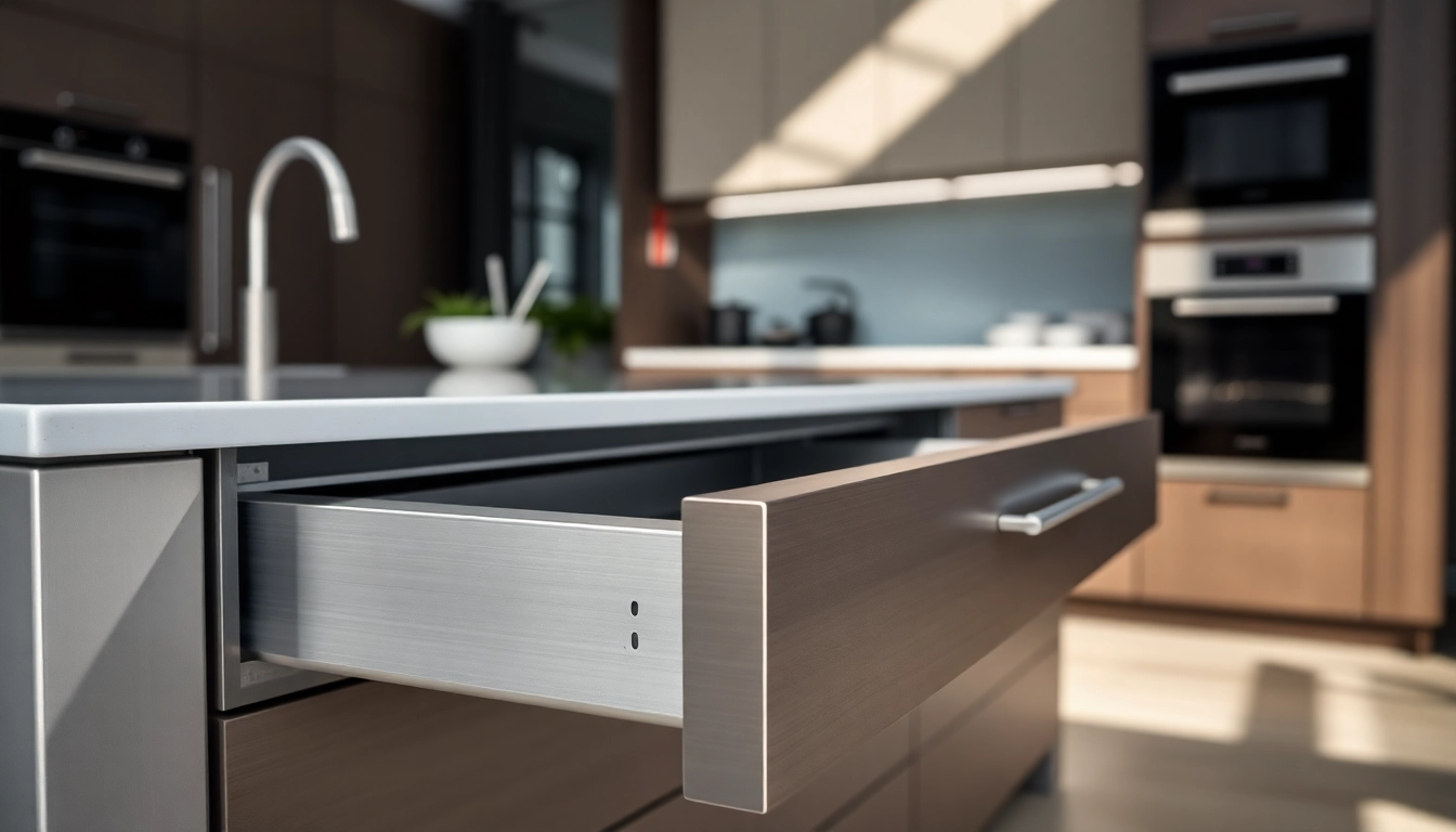 Enhance organization with the Slim box drawer system, featuring smooth metallic finishes in a modern kitchen.