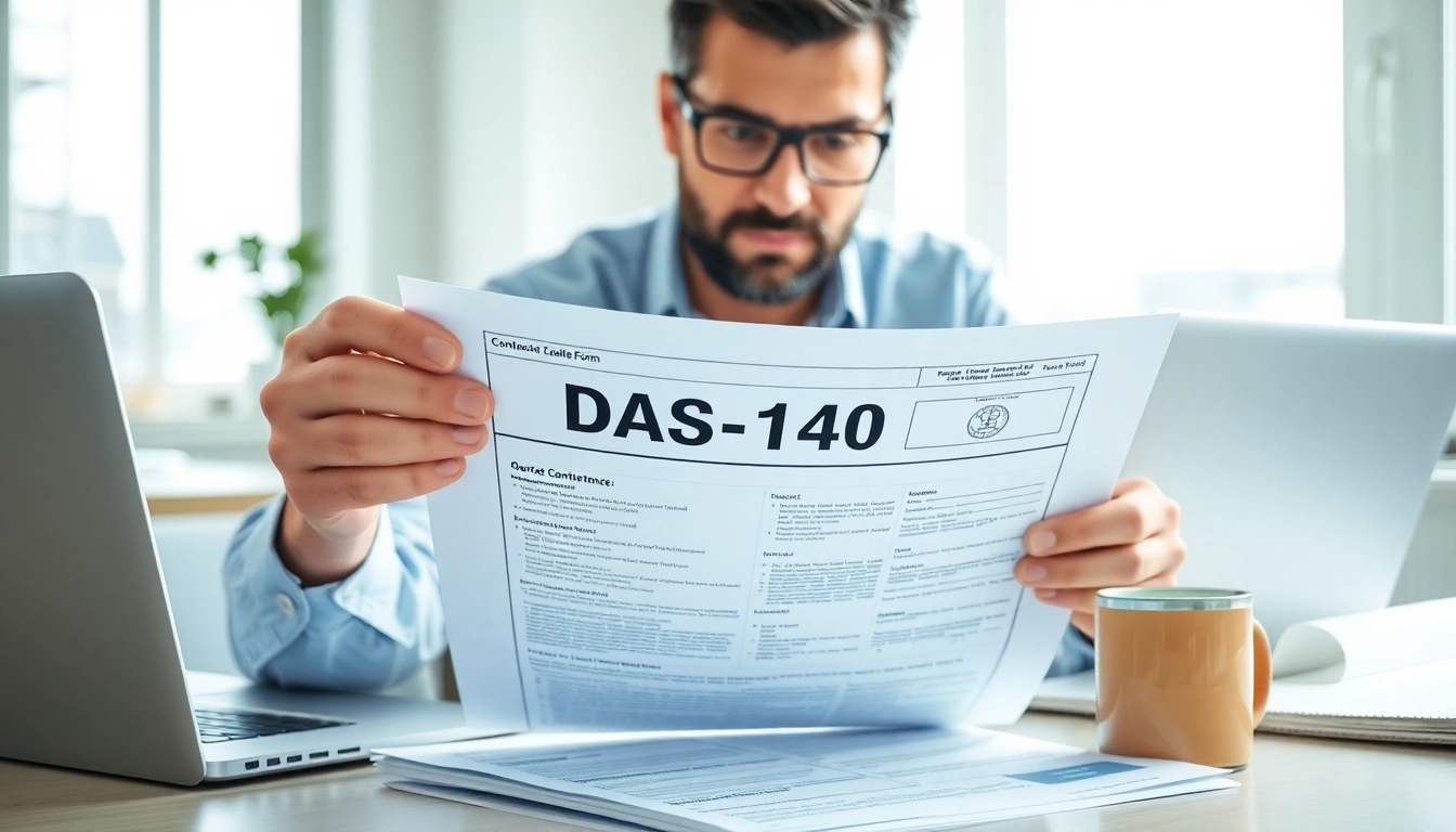 DAS 140 form being reviewed by a contractor in a professional office setting.