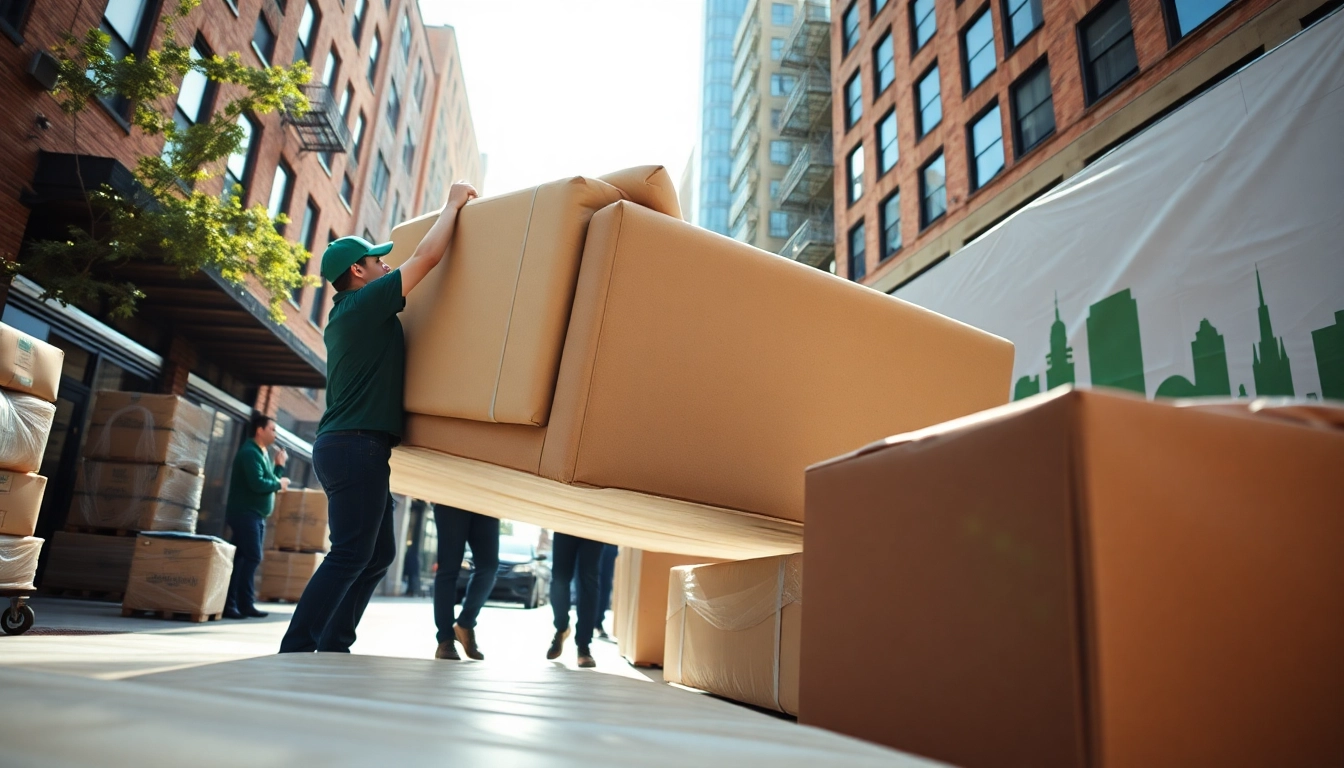 Brooklyn movers expertly handling a large sofa during a move in a vibrant neighborhood scene.