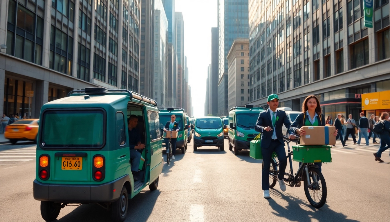 Efficient nationwide courier service exemplified by busy delivery professionals in an urban environment.