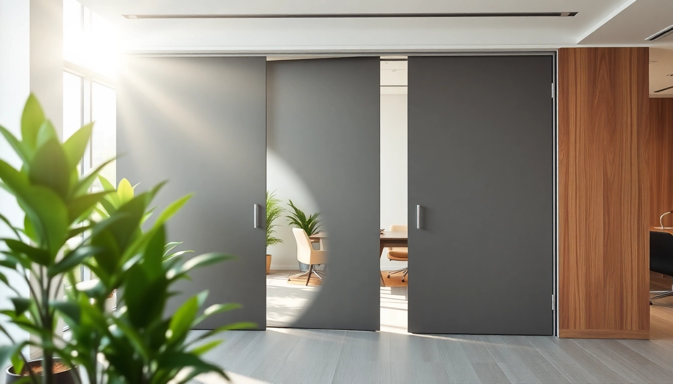 Sliding partition wall showcased in a modern office setting, demonstrating versatility and elegant design.