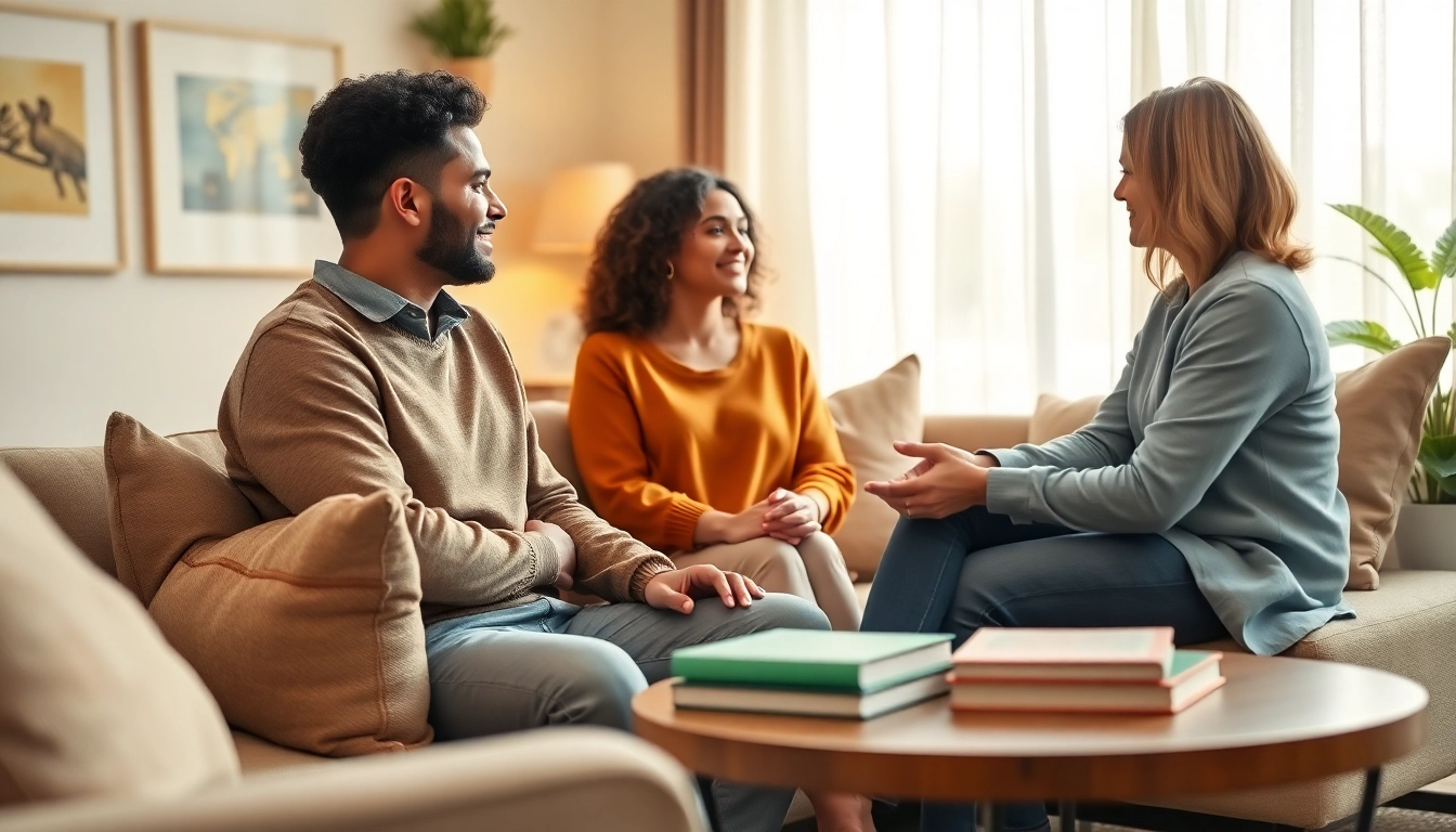 Engaging couples therapy Austin session with a diverse couple and therapist in a cozy setting.