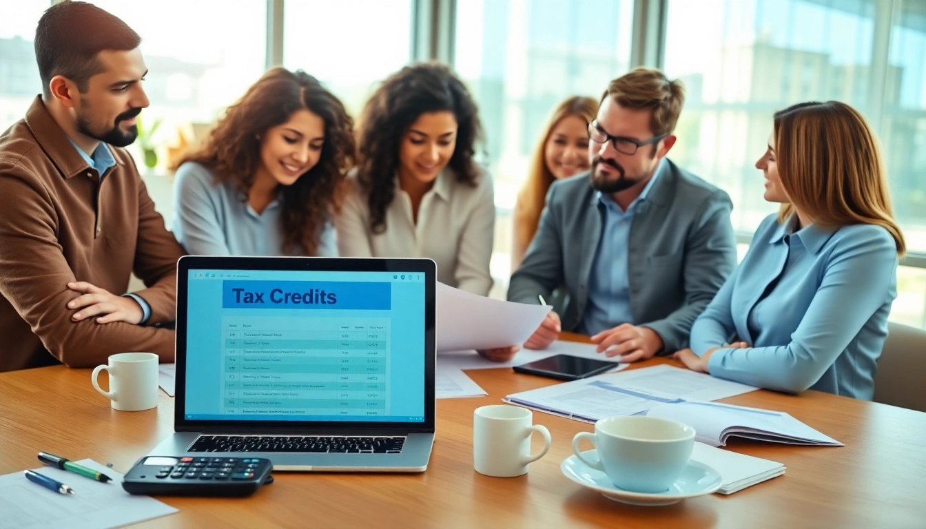 Collaborative team analyzing Tax Credits documentation in a modern office environment.