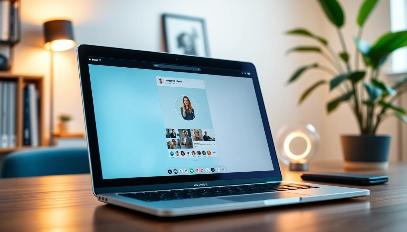 View an anonymous Instagram story viewer interface on a laptop in a cozy home office.