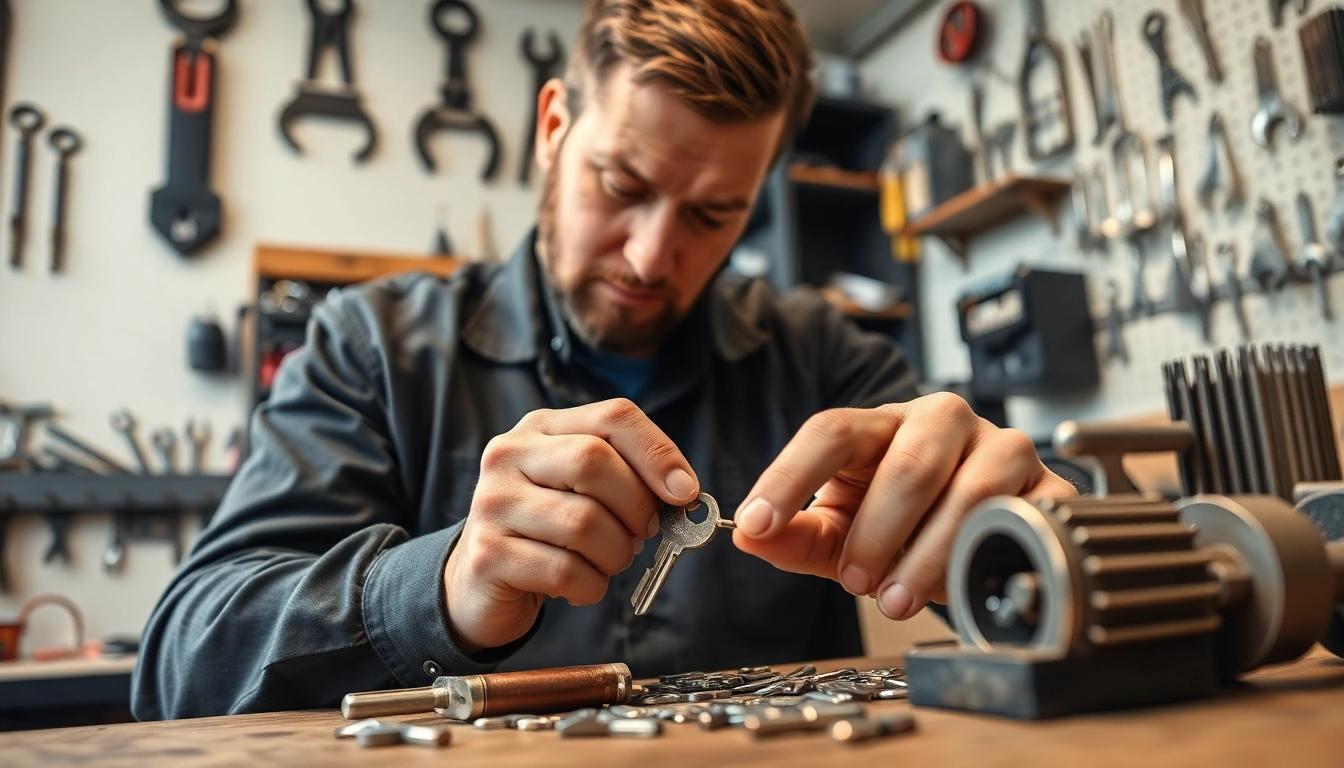 Craftsman working on Lost Car Keys creation in a professional locksmith workshop, showcasing tools and expertise.