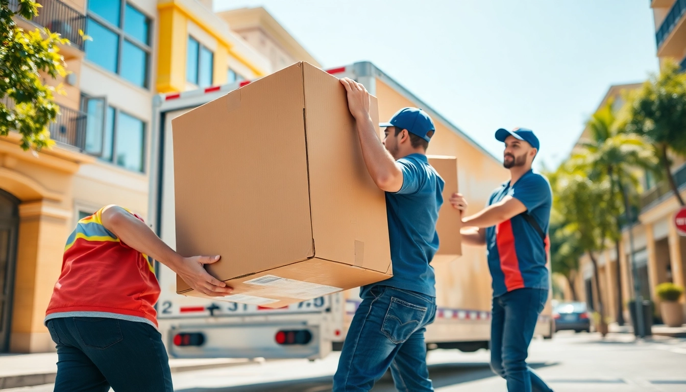 Movers providing Local Moving Services, expertly handling a cardboard box on a sunny city street.