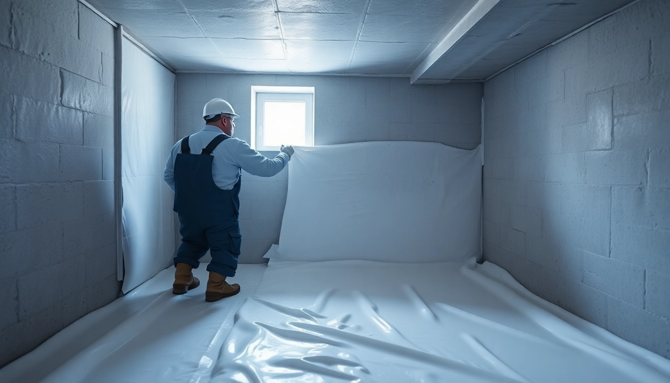 Basement sealing company near me Geneva applying professional sealing in a clean, bright basement.