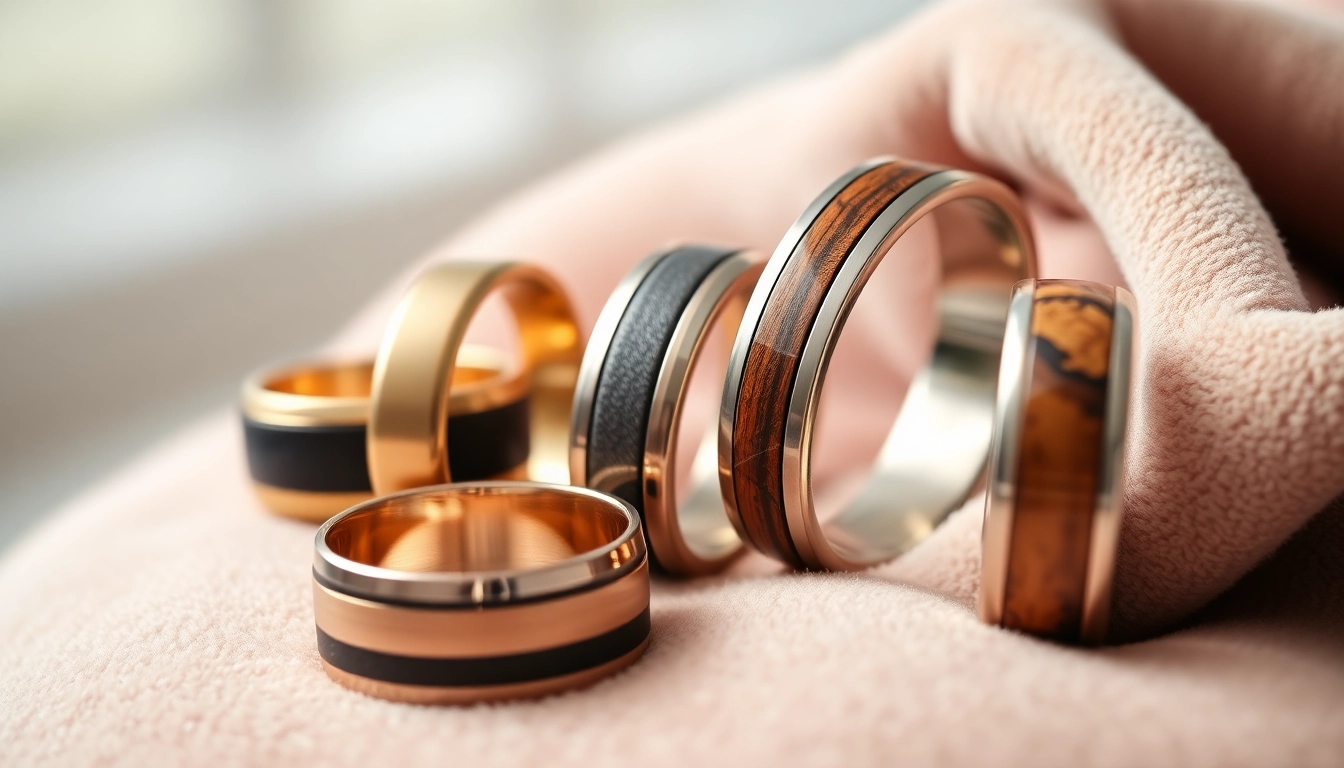 Showcasing stunning wedding rings for men with intricate designs and textures.