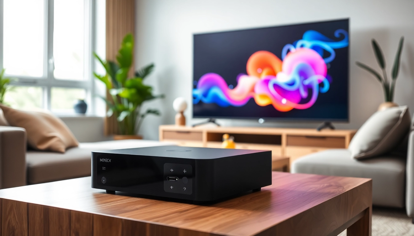 Showcase the superbox tv prominently in a modern living room to highlight its design and features.
