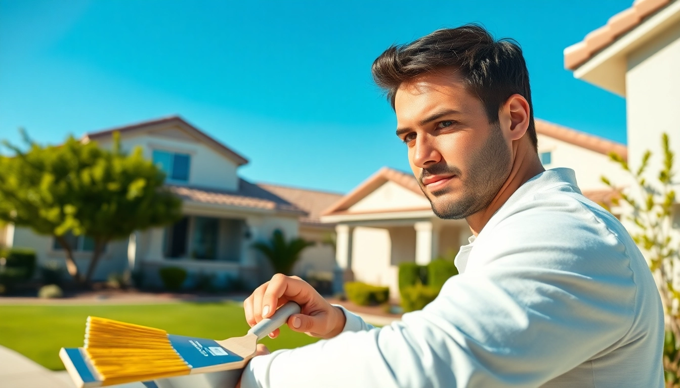 Highlighting painter services in Anthem as a skilled worker paints a home's exterior.