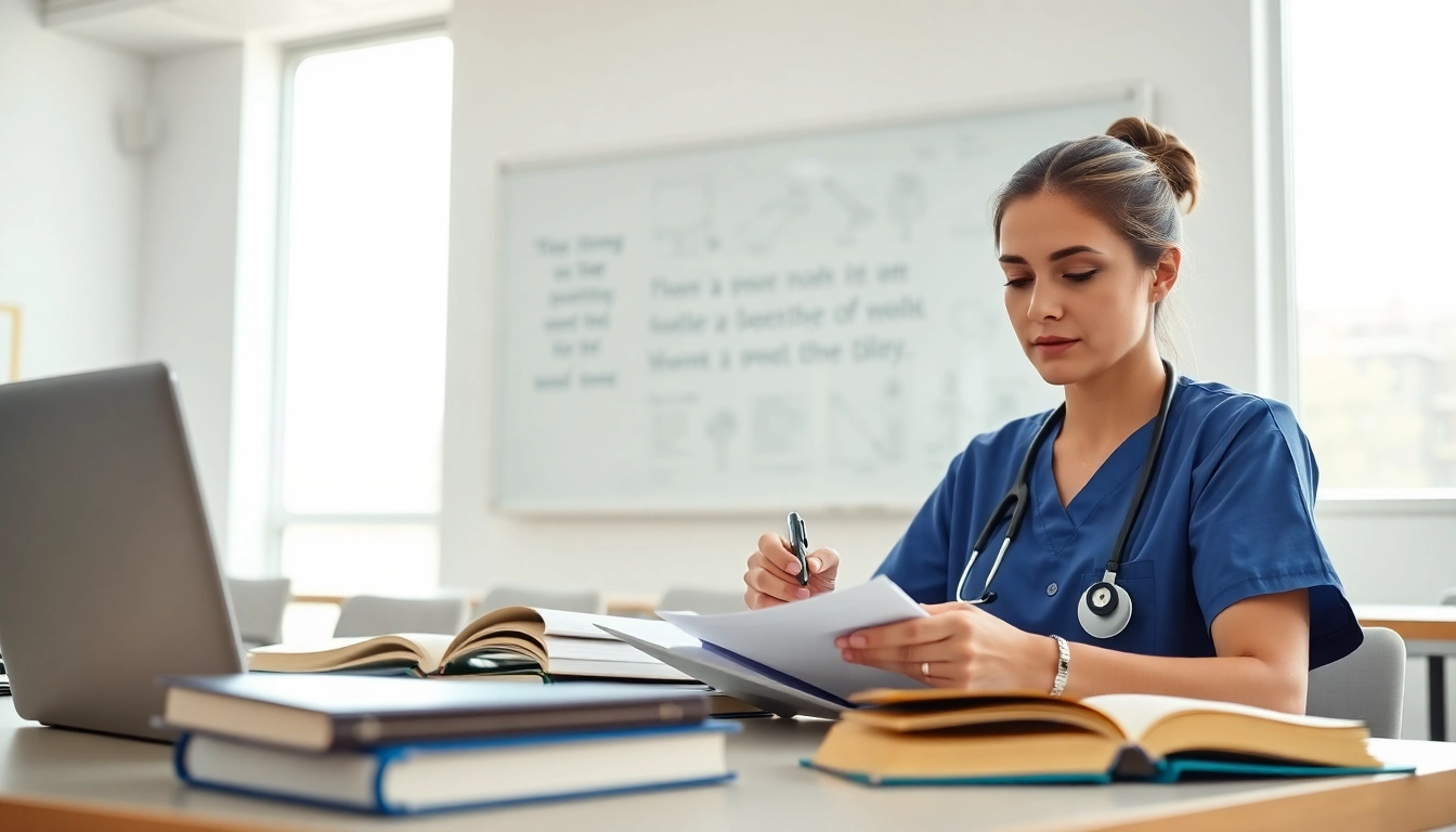 Complete nursing ceus study session with focused nurse in modern classroom.