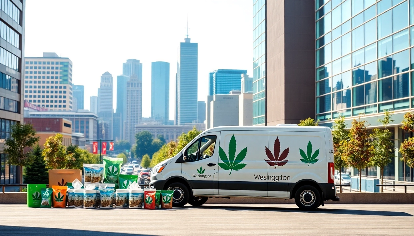 Cannabis Shipping to Washington illustrated with a delivery service set against an urban backdrop, emphasizing accessibility.