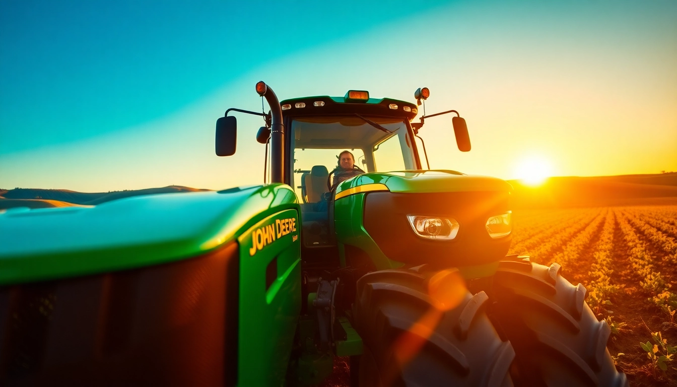 John Deere Traktor auf einem grünen Feld während der goldenen Stunde mit kraftvollem Design.