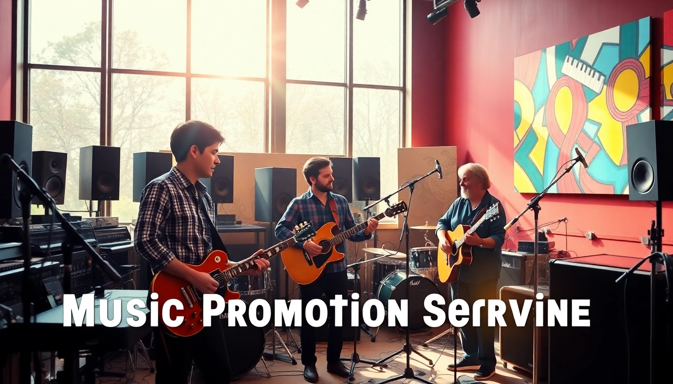 Highlighting music promotion services through a collaborative musician scene in a studio.