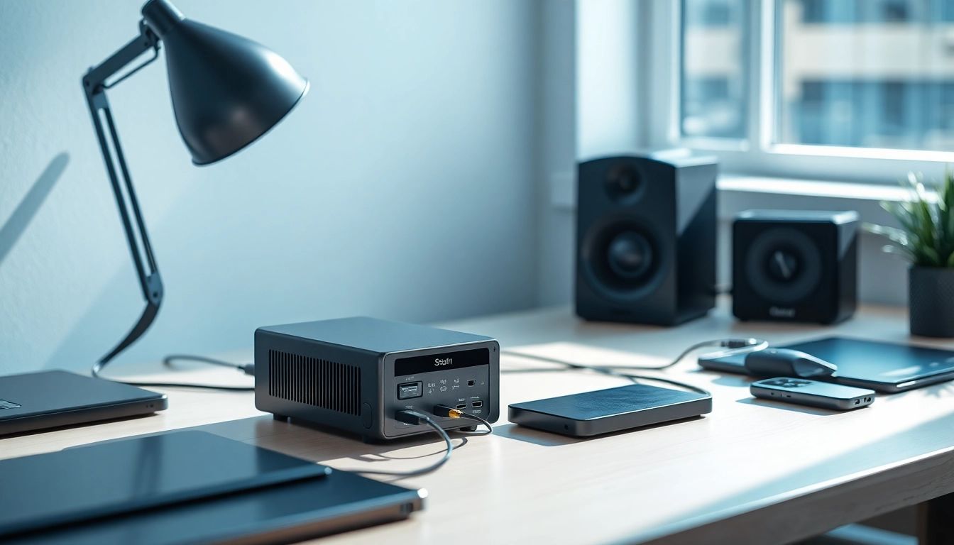 Showcase the starlink mini 12v power supply prominently in a modern office setting