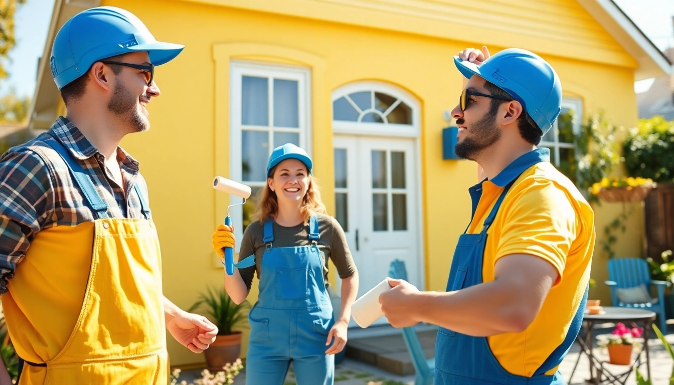 Local painters skillfully painting a home in a sunny garden, showcasing vibrant colors and professional tools.