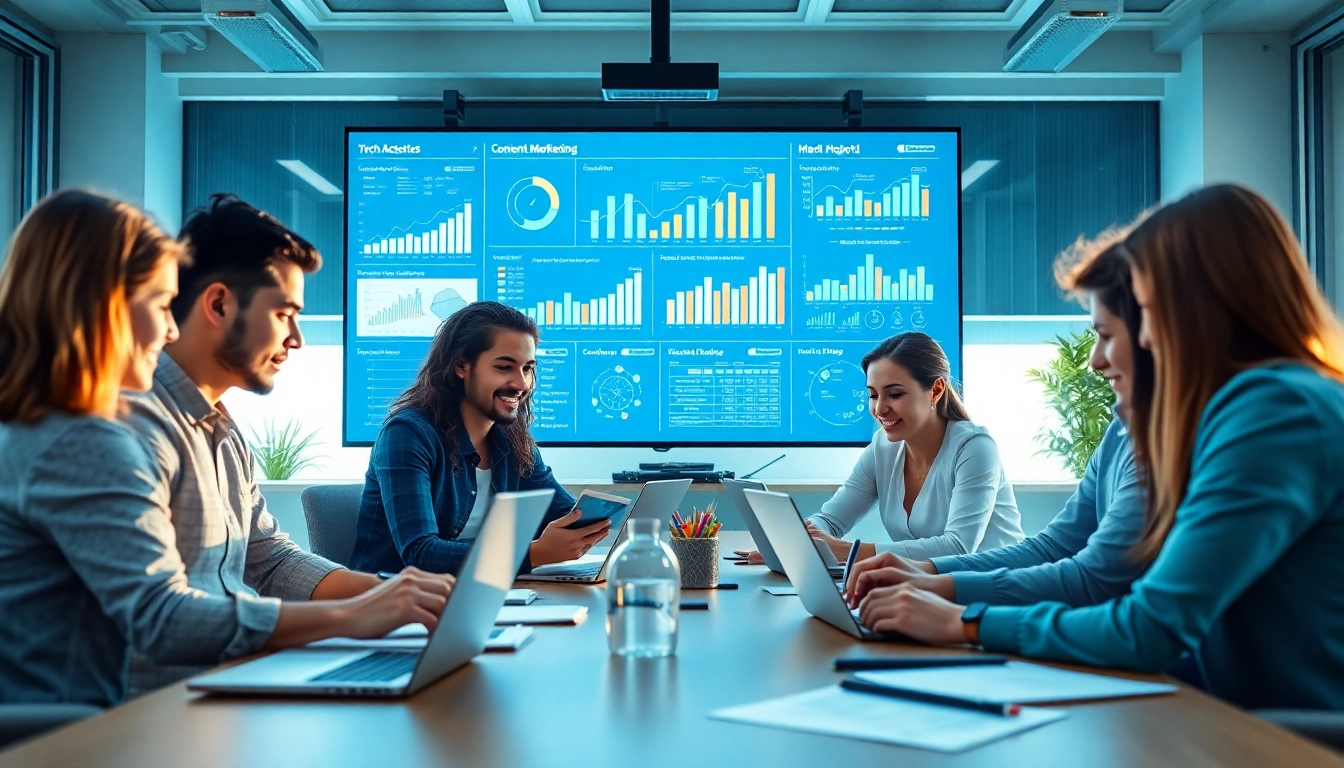 Engaged team collaborating on an AI content marketing platform in a modern office.