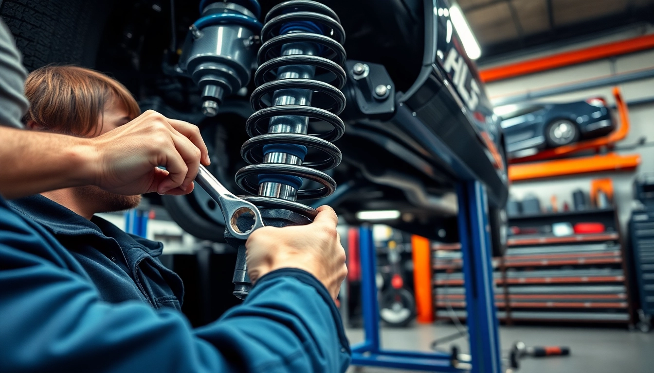 Trabajando en taller suspension, mecánico ajustando sistema de suspensión en vehículo.