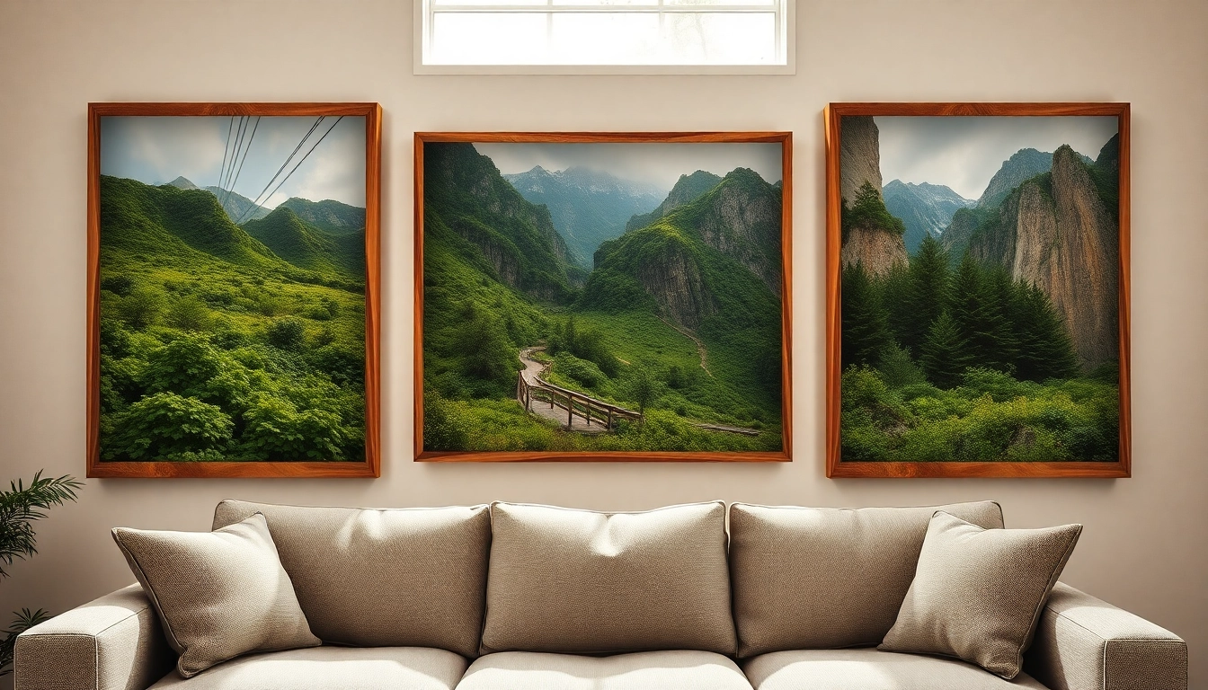 Showcasing beautiful wood pictures framed in a bright living room, highlighted by natural light.