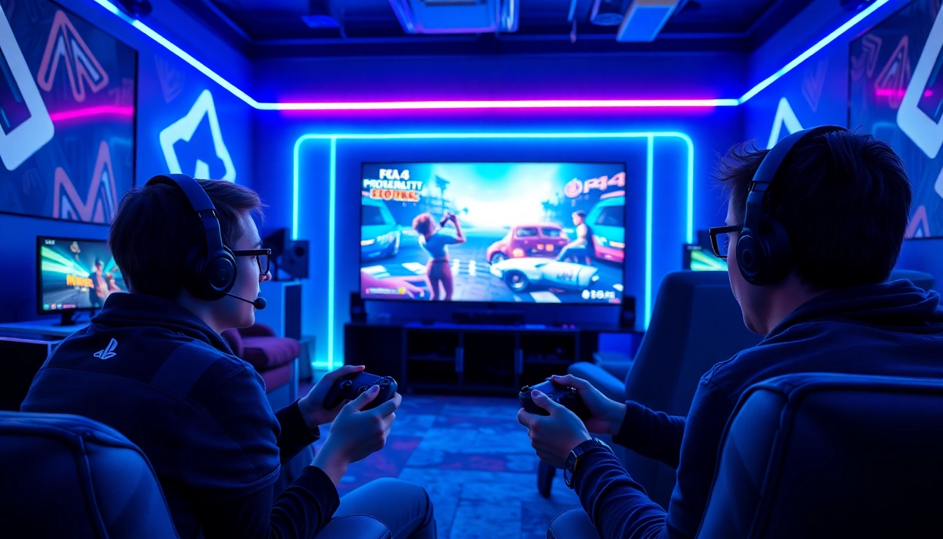 Gamers enjoying popular ps4 games in a vibrant gaming setup with dynamic lighting.