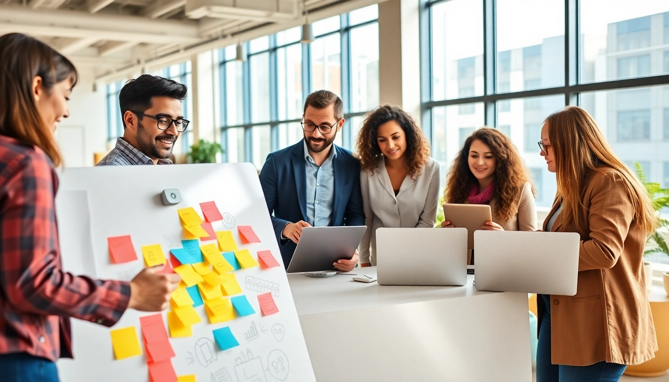 Team collaborating at a social media agency, showcasing creative brainstorming and strategy.