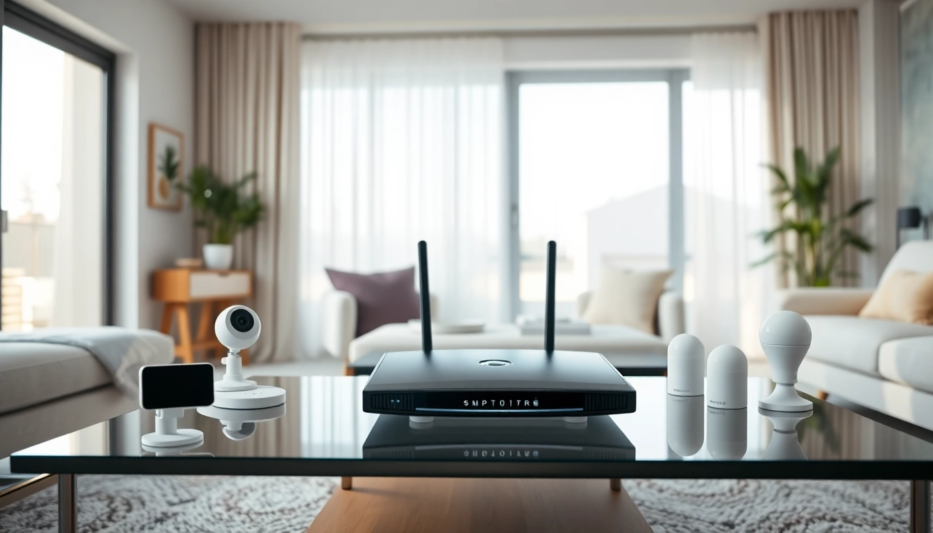 Setup showcasing Tplink router with connected smart home devices in a modern living room.