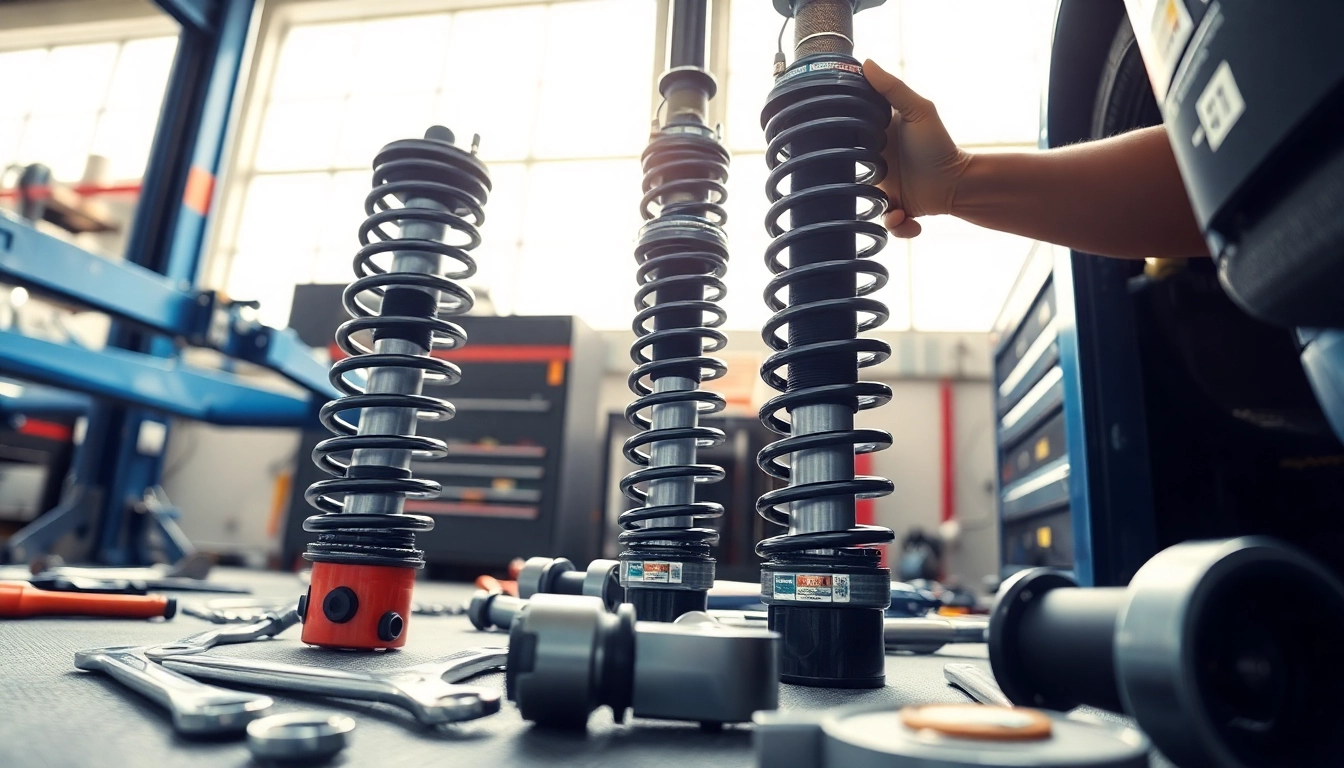 Taller suspension components being installed by a mechanic in a bright garage.