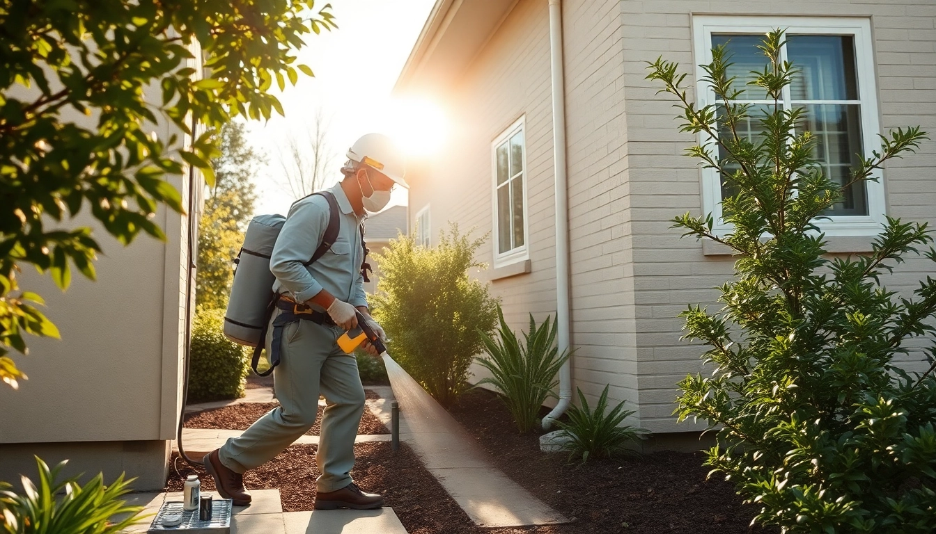 Pest control technician treating a residential area for termites with professionalism.