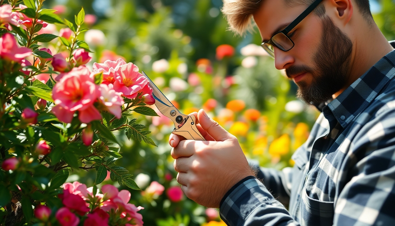 Snoeien van een bloeiende boom door een professional in een levendige tuin.