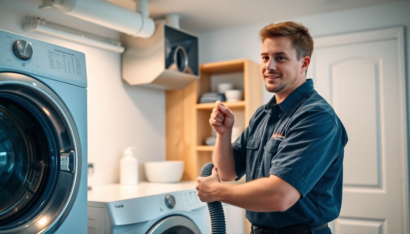Professional dryer vent cleaning service near me being performed in a cozy residential laundry.
