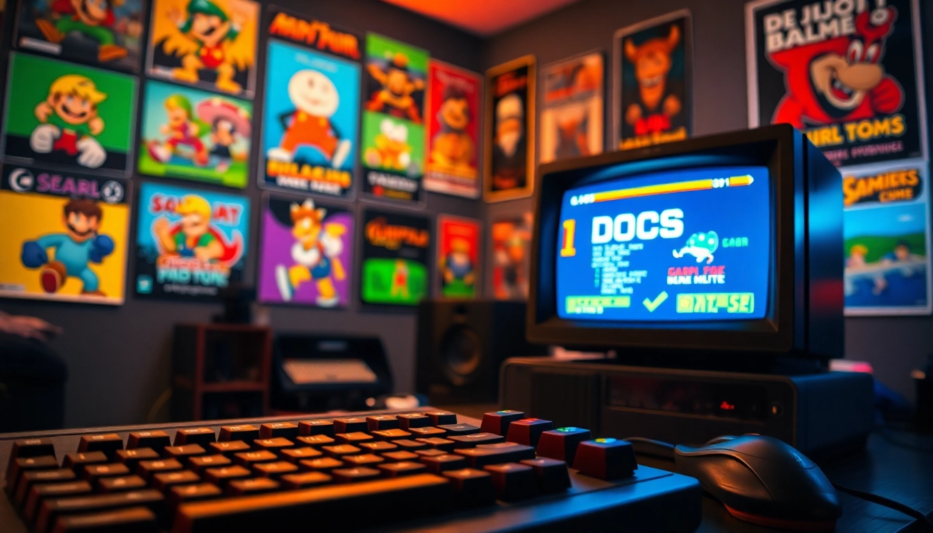 Play DOS games on a vintage computer setup with colorful keyboard and nostalgic atmosphere.