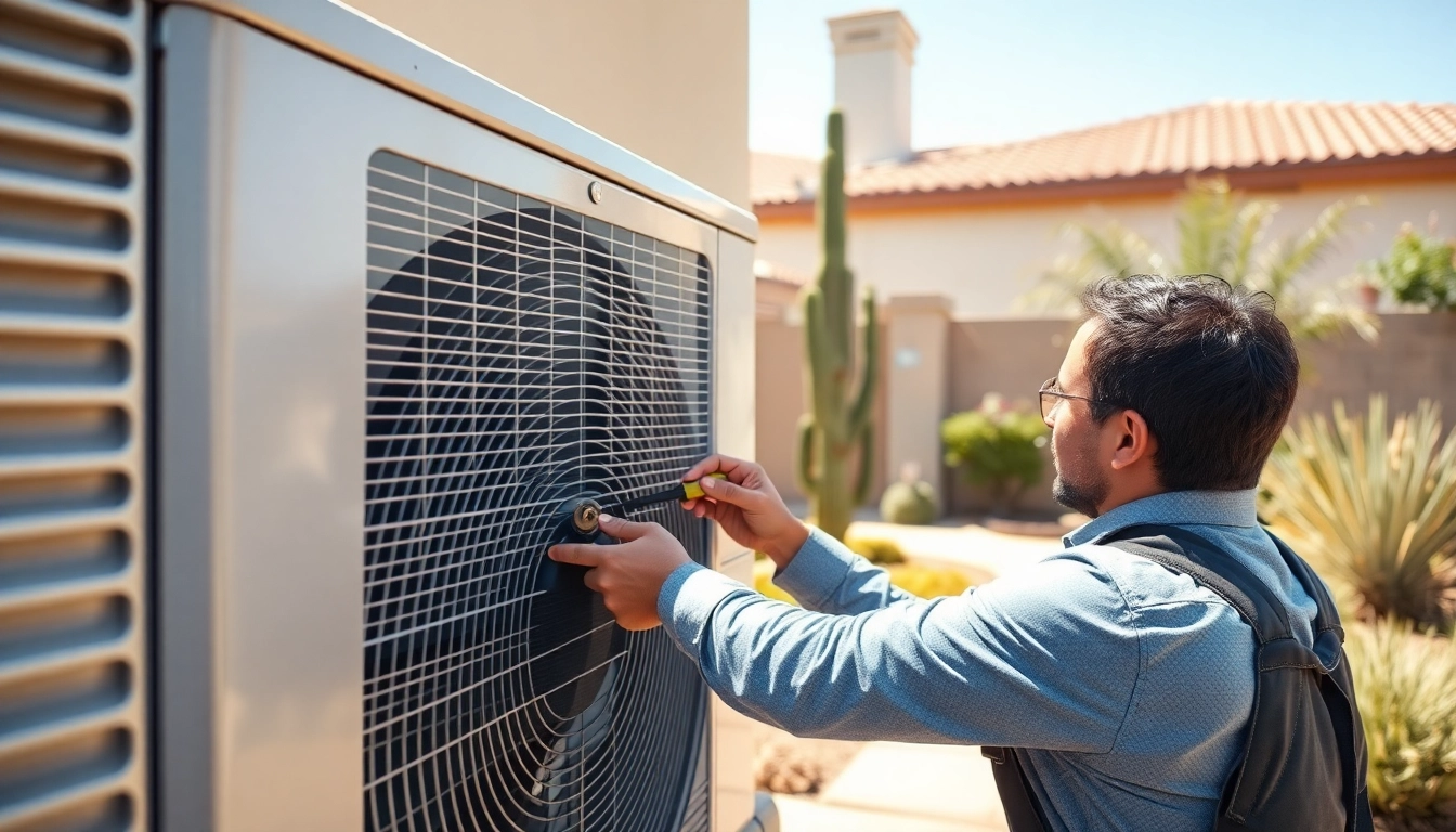 Technician servicing Scottsdale AC unit in a bright residential setting, showcasing HVAC expertise.