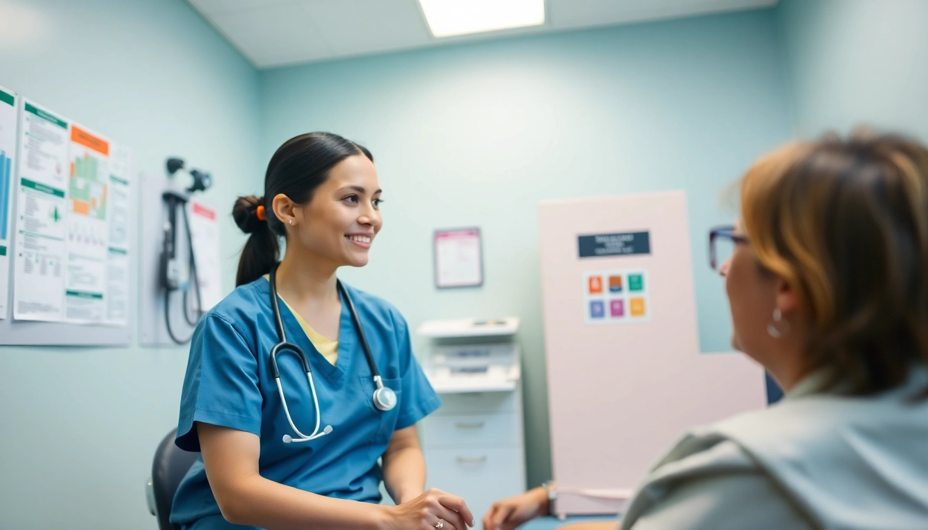 Consultation between a nurse and a patient, highlighting Alabama Board of Nursing standards and care.