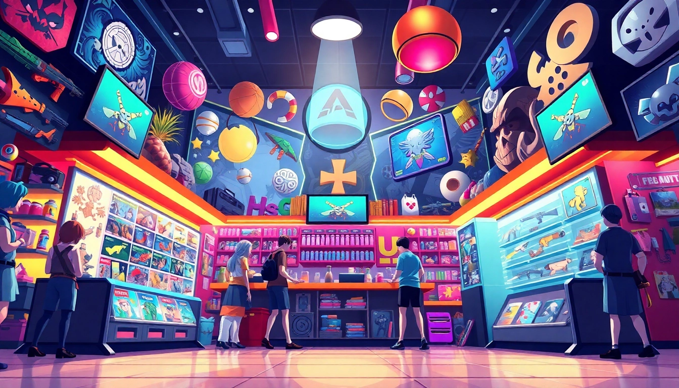 Membeli berbagai item game di toko barang game, menampilkan banyak pilihan dan suasana meriah.