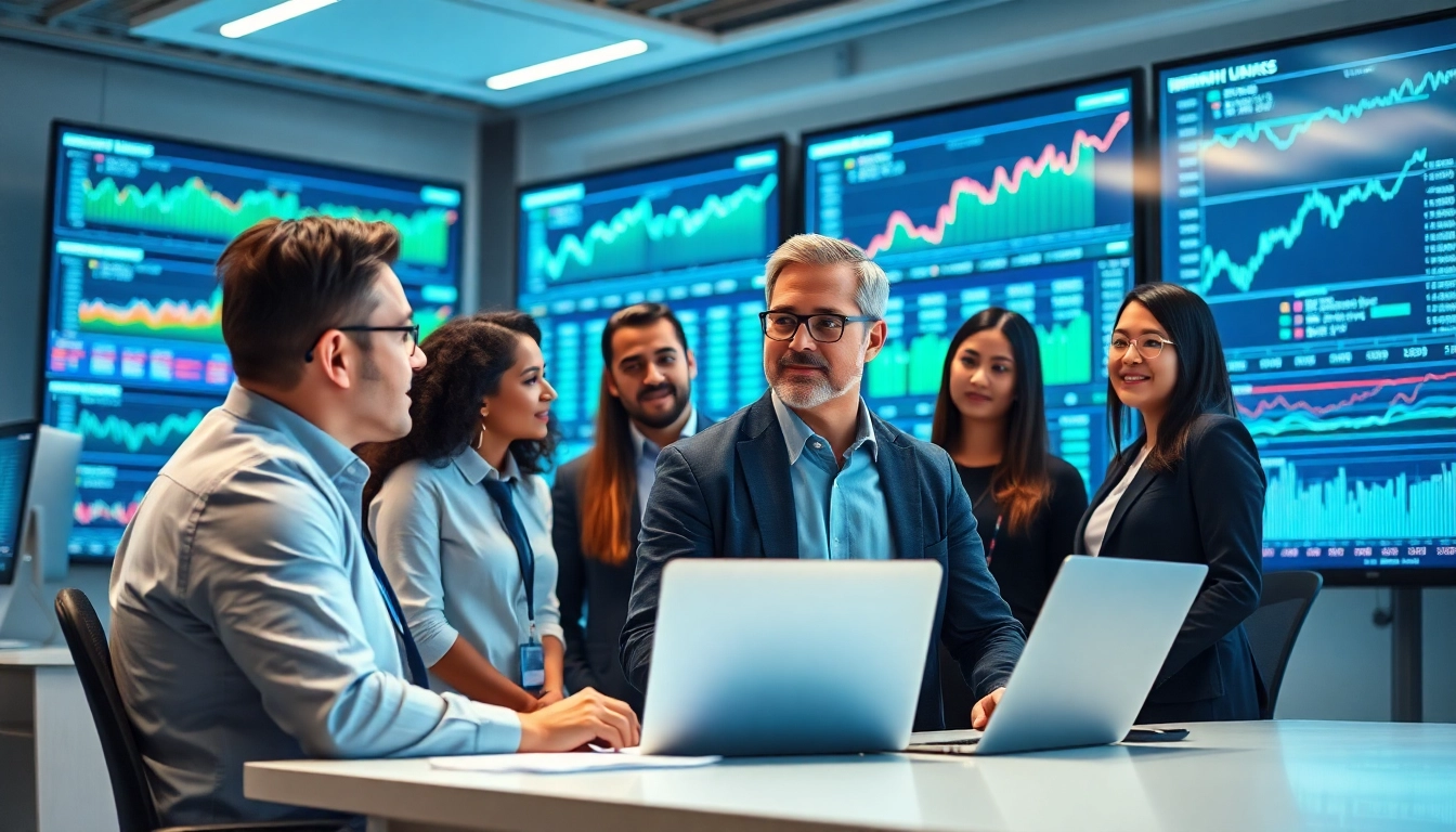 Evaluate artificial intelligence stock picks with a professional analyst team in a modern office.