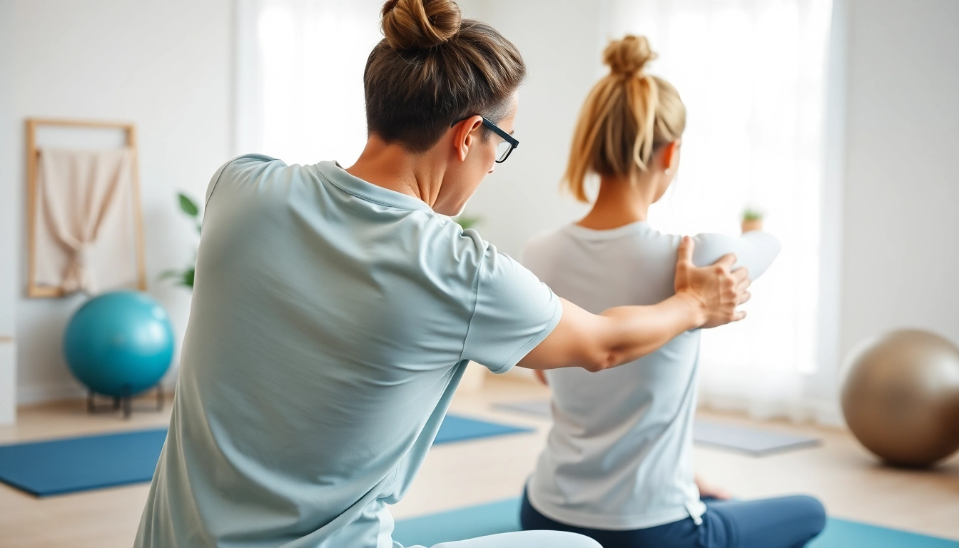 Therapist demonstrating exercise for Rückenschmerzen relief in a calm clinic.