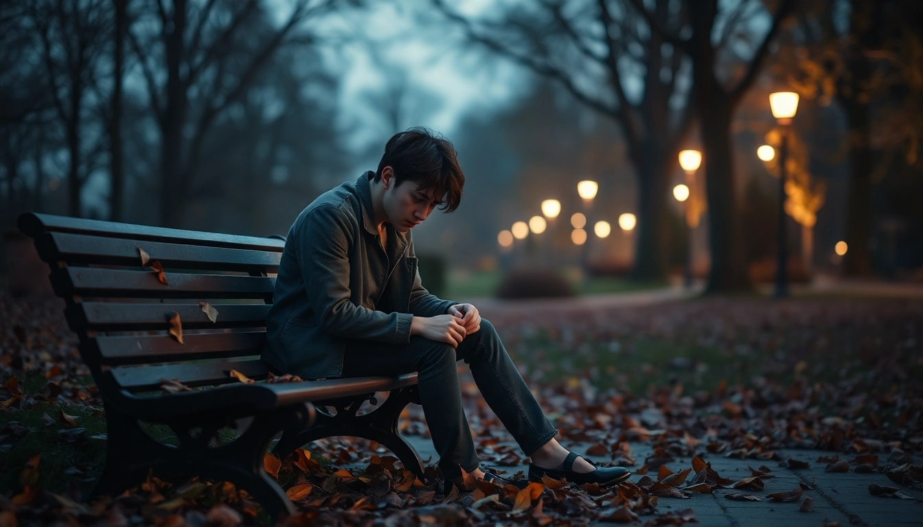 Depicting a person in deep thought on a bench, this image illustrates emotions of a relationship breakup.