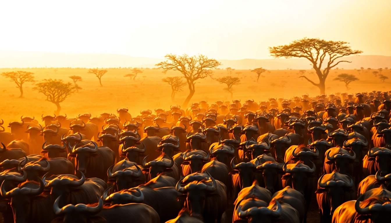 Witness wildebeests during the Serengeti Wildebeest Migration Safari amidst the golden sunrise.