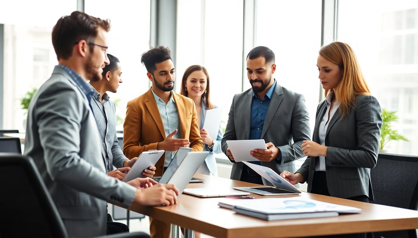 Engage with the global business directory through a vibrant modern office scene showcasing diverse professionals.