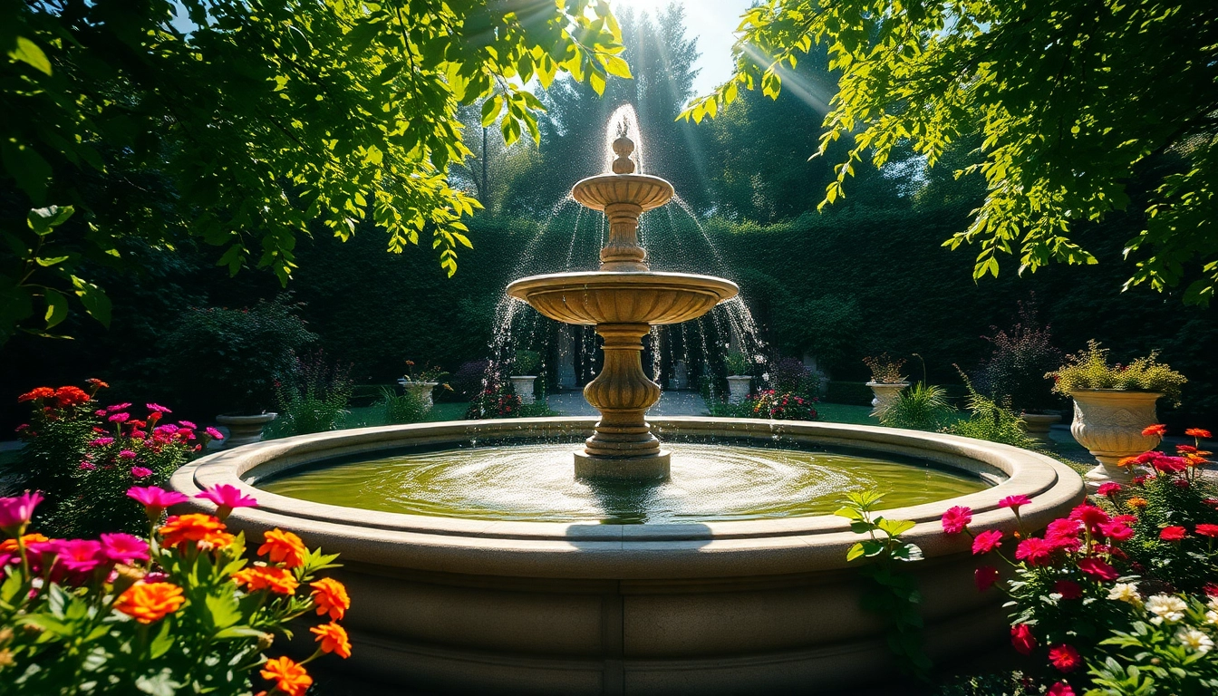 Gartenbrunnen umgeben von blühenden Pflanzen im ruhigen Gartenambiente.