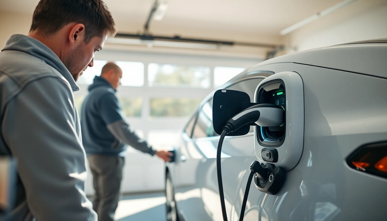 Showcasing EV charger installation in a modern garage with a technician at work.