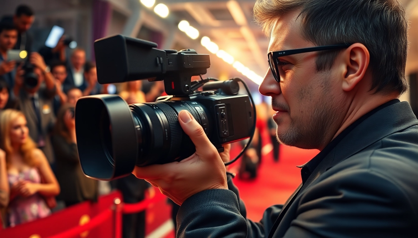 Capture a thrilling moment in a celebrity newspaper, featuring a journalist at a red carpet event.