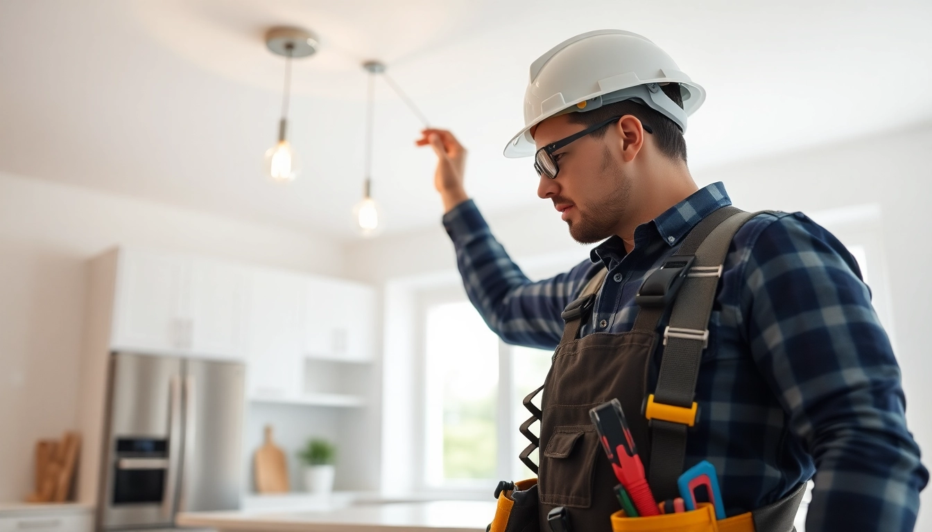 Electrician expertly installing light fixtures in a modern kitchen, showcasing professional skills.