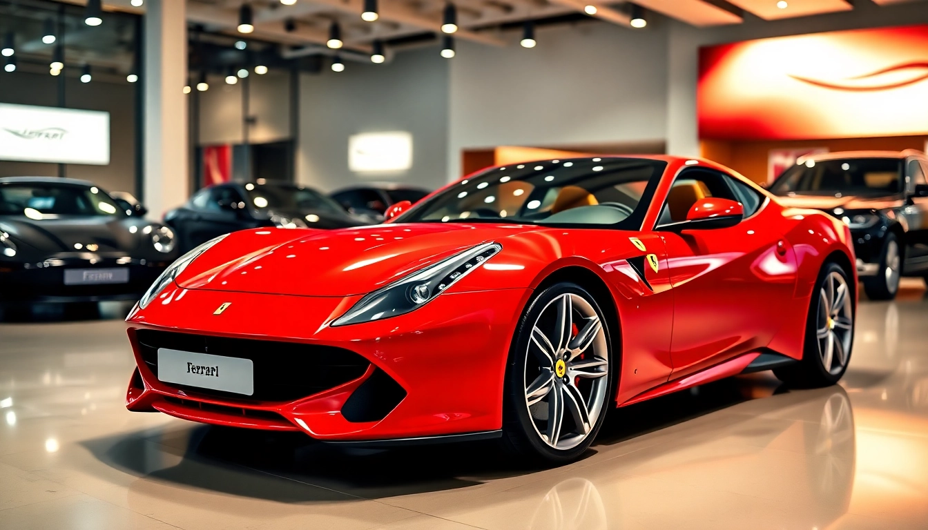 View a stunning, certified pre-owned Ferrari Gauteng in an upscale dealership setting, highlighting its luxury.